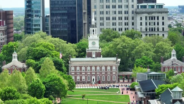 Independence Hall in Philadelphia, Pennsylvania. Aerial shot of historic landmark in American city.