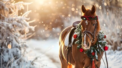 Festive Splendor: A Horse Adorned for the Holidays in a Snowy Field