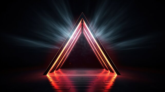 futuristic triangular tunnel in neon glowing light with a dark ambiance - Powered by Adobe