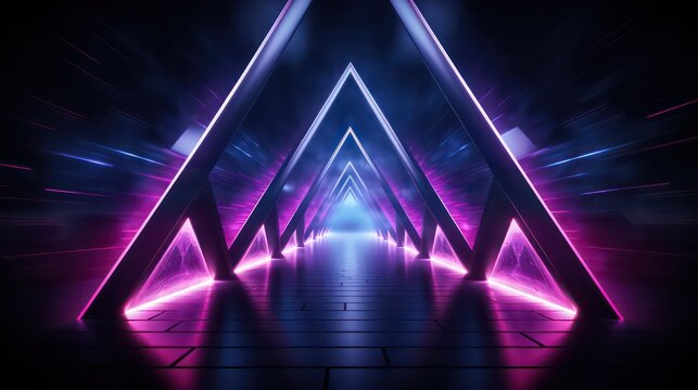 futuristic triangular tunnel in neon glowing light with a dark ambiance