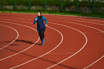 Fototapeta premium A muslim woman in a burqa sports muslim clothes running on a marathon course and preparing for upcoming competitions