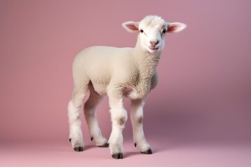 Fototapeta premium White wool fur little lamb kid standing against pink background, cute newborn sheep