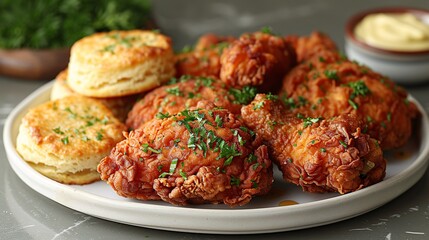 Fototapeta premium crispy fried chicken meal with a garnish of fresh parsley
