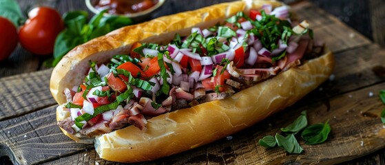 A Trendy Homemade Chopped Italian Sub Sandwich Transforms Fresh Ingredients into a Work of Art, a Culinary Delight for the Eyes and Taste Buds