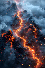 Incandescent Eruption:Fiery Volcanic Explosion in Ethereal Mountain Landscape