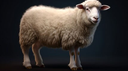 Fototapeta premium Furry sheep standing against black background, Full grown white Sheep with horns, Mountain lamb with long hairs isolated