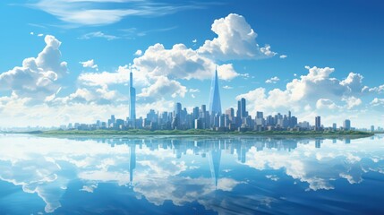 city skyline with a beautiful sky and water mirror reflection at the foreground