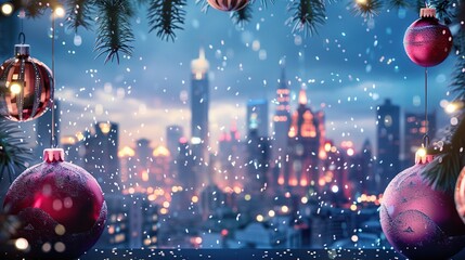 a festive christmas Eve scene with party decorations, and a city skyline