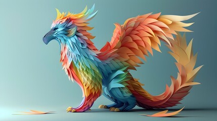 Obraz premium Majestic Sculptural Paper Griffin:A Vibrant Mythical Creature in a Contemporary Art Gallery Setting