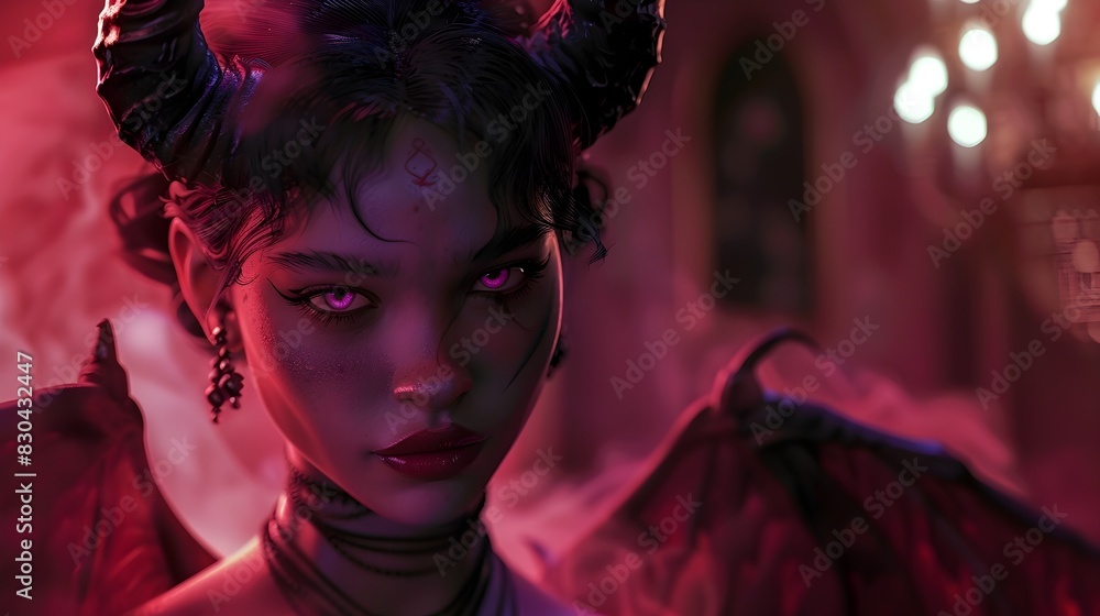 Poster Mesmerizing Crimson Succubus in Dramatic Lighting and Shadows within a Decadent Gothic Manor