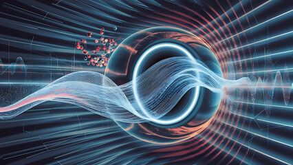 Structured database. Abstract digital wave particle. Digital music background. Sound vibrations. Futuristic dotted wave. Big data analytics. 3D illustration of nano particles in cyberspace