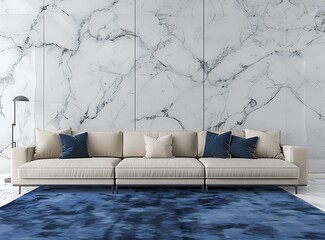 Modern living room interior design with marble wall and blue carpet, beige sofa set against white walls