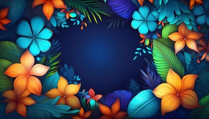 The tropical theme background is blue with a Hawaiian style and elements such as flowers and leaves around the edges. Botanical and floral, wallpaper, posters and templates.