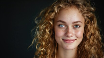 Naklejka premium Smiling girl with beautiful face curly blonde hair and blue eyes in a studio against a black background