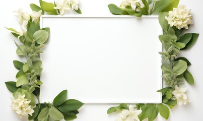 frame border of beautiful green leaves and white flowers with blank space for text