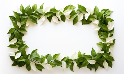Naklejka premium frame border of beautiful green leaves and white flowers with blank space for text