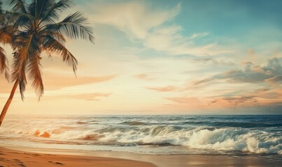 tropical beach wallpaper with palm trees and a beautiful sea with smooth warm pastel colors