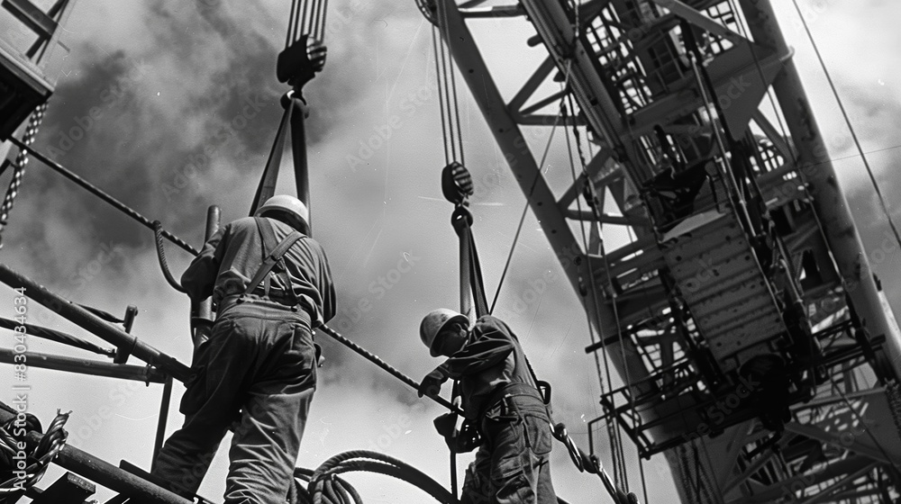 Poster workers use intricate systems of pulleys and cables to hoist the massive arm of the crane into place