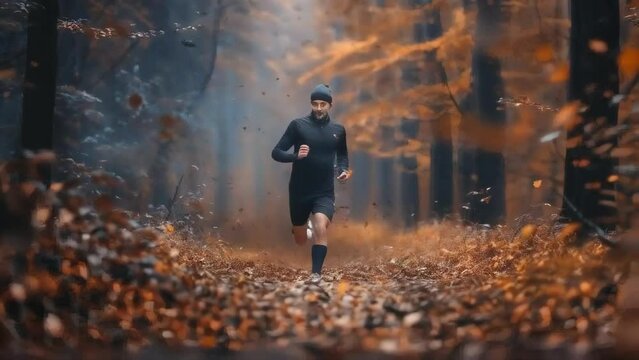 Fitness Enthusiast Jogging Through a Forest Trail in Autumn