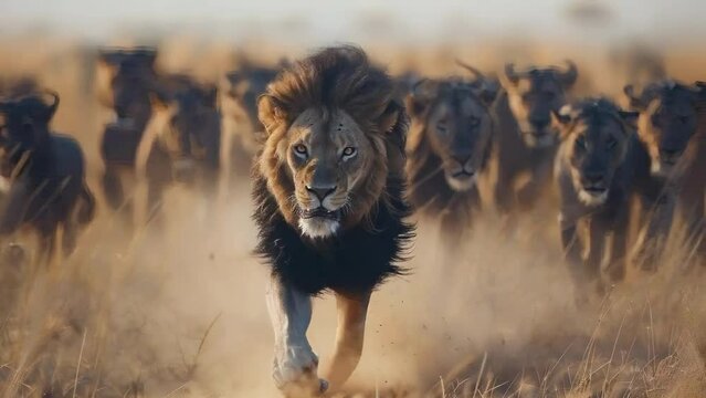 Wild Hunt: Lion Chasing Prey in African Plains