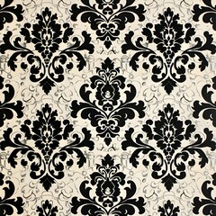 Luxurious Black and White Damask Pattern with Ornate Floral Motifs on a Clean,Minimalist Background