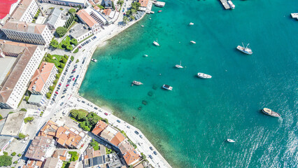 Rovinj old town aerial panoramic view, Picturesque landscape with Primosten old city, Croatia, Luftaufnahme von Rovinj-Istrien im Sommer.