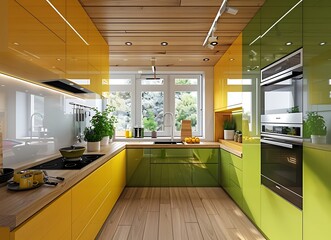 3D rendering of a modern kitchen interior with green and yellow colors, wood floor, white wall, 