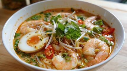 Shrimp tom yum style noodle soup with added egg
