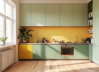 Fototapeta premium 3D rendering of a modern kitchen interior with light green and yellow colors, wood floor, white walls, 