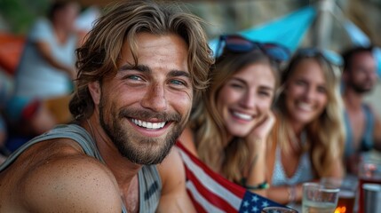 Naklejka premium Happy friends laughing at an outdoor party, celebrating the summer and American national holiday with drinks on a table. Portrait of diverse young people enjoying a festive event in a garden.