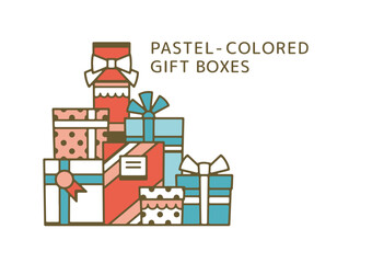 Cute pastel-colored illustration of a pile of gift boxes
