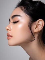 Striking Side Profile of a Glamorous Model with Flawless Skin and Beautifully Curled Eyelash Extensions