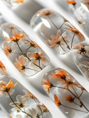 Transparent Nails with Embedded Dried Flowers on Plain White Background