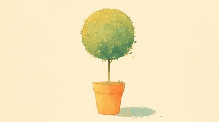 An illustration featuring a tree with a rounded crown perched delicately on a slender stem within a flower pot