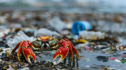 Crab's Quest for Survival Among Plastic Waste on a Polluted Beach