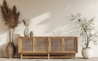 3D rendering of a modern interior design mockup with a wooden cabinet and screen on a beige wall background, minimal boho style home decor in the living room