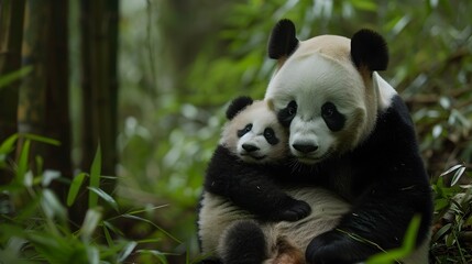 Fototapeta premium Panda Mother's Devoted Cradle in Lush Bamboo Forest