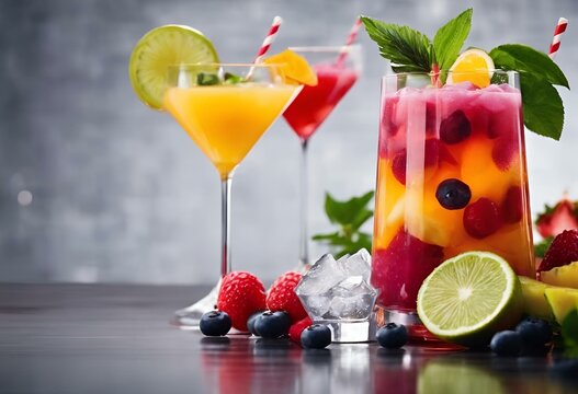 two different colored drinks are sitting on a table with fruit