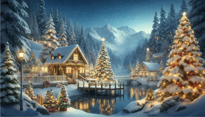 christmas tree in the snow with cottage lake and mountain festive season postcard background wallpaper design