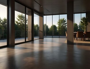 Obraz premium Modern realistic interior of empty room in a hotel with glass doors to a balcony and railings on the terrace.