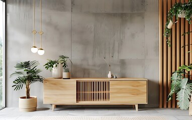 Modern living room interior with a light wood TV stand cabinet and concrete wall mock up, 3D rendering