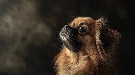 Naklejka premium Portrait of a Pekingese dog against a dark backdrop