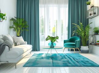 Modern living room interior with a white floor, a turquoise carpet and a grey sofa near a coffee table, a green armchair, plants on a shelf and a window with curtains