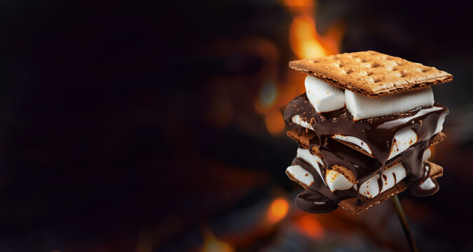 macro photo close up of a roasted marshmallow on a thin stick over a campfire at night. --ar 3:4 Job ID: 7c16315d-2599-47bd-a4eb-ed3cd061c198