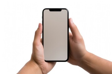 Holding phone hand white background.