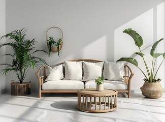 Modern living room interior with light grey walls, wooden furniture and plants on white carpet