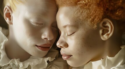 Obraz premium A heartwarming close-up captures the bond between a mother and her child with albinism, their eyes shining with love and connection.