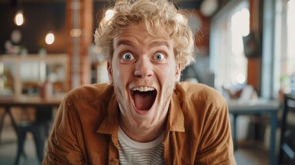 A young blonde celebrates the thrill of success with his crazy and surprised reaction to his small business's e-commerce victory.