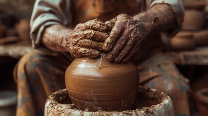 The hands of a potter skillfully molding clay into a container. Making pottery with the delicate movement and attention to detail that defines the art of ceramics.