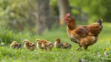 Motherly Love in the Farmyard: Hen Leading Chicks Through Lush Grass